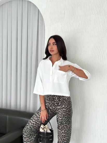 Crop Yakalı Gömlek Üç Çeyrek Sleeve Kol - Beyaz resmi